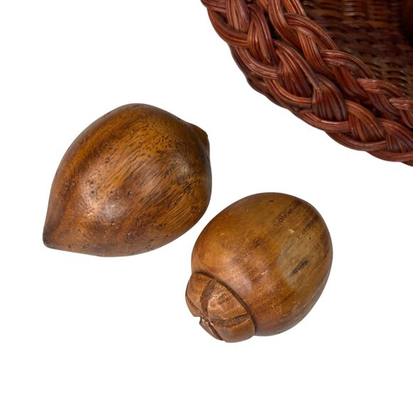 Handcrafted Wooden Faux Fruit & Veggie Décor In Woven Basket Apple Grapes Pear - Picture 6 of 11